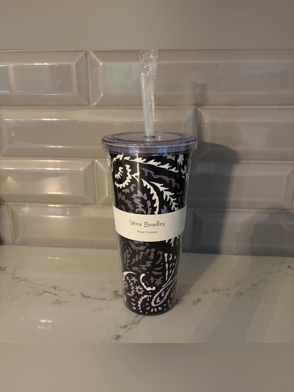 Vera Bradley Paisley Noir Double Wall Travel Tumbler w/Flexible Straw 24oz. New